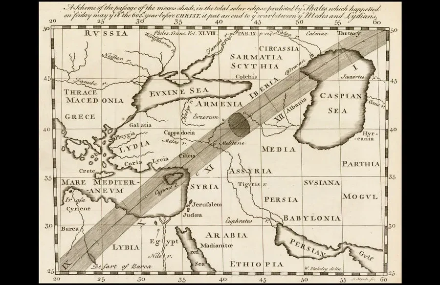 Esquema del eclipse del 585 a.C. según la predicción de Tales de Mileto. J. Mynde